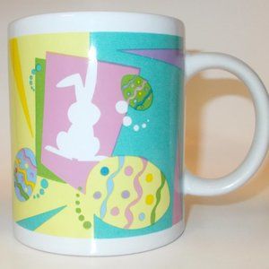 Vintage Easter Mug Cup Bunnies Eggs Pastels White Base Color 8 oz